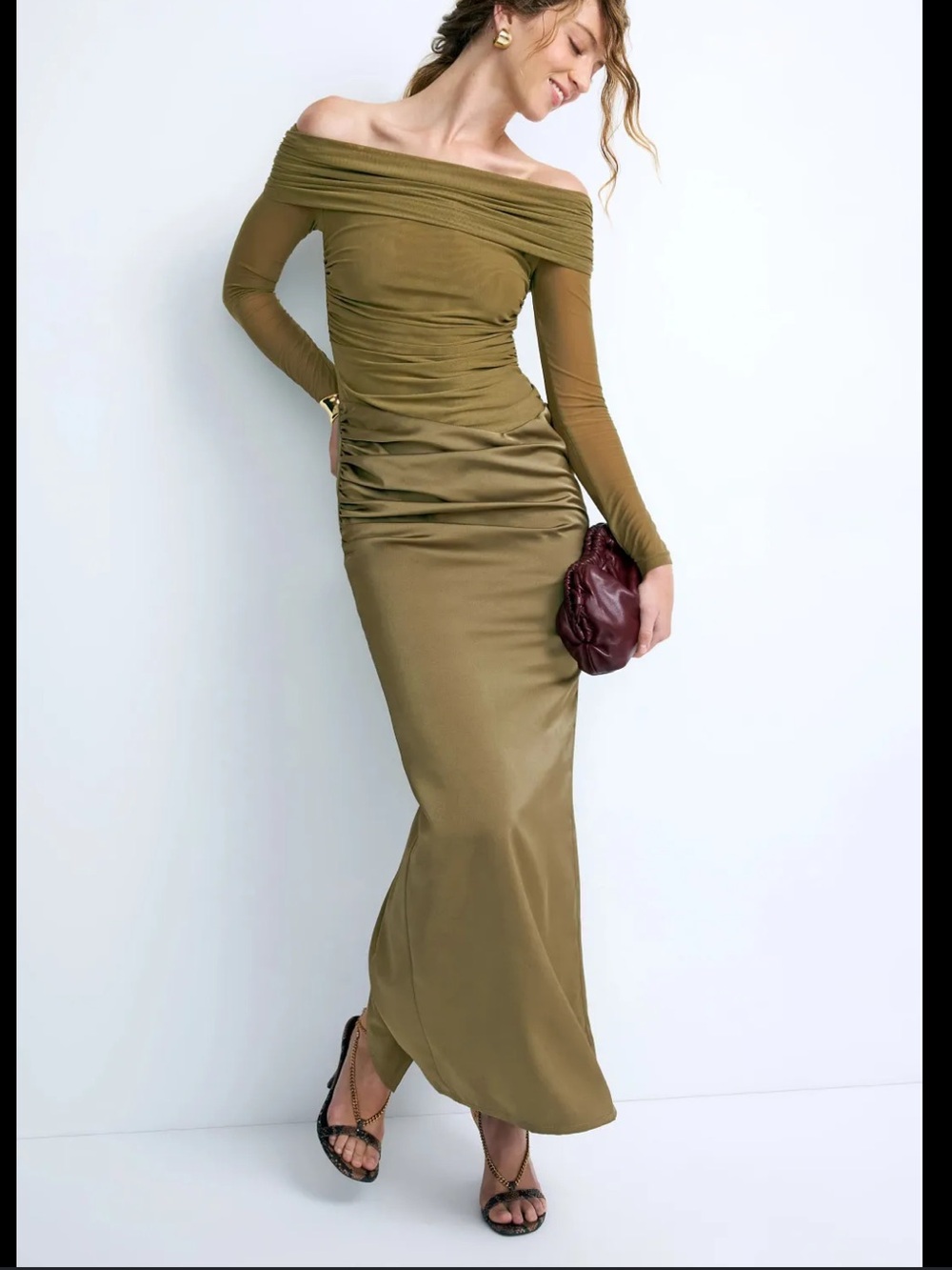 Elle Zeitoune Olive Off-the-Shoulder Maxi Skirt